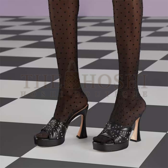 Gvc*1 Women G2 Heeled Slide Sandals Black Leather Studs Spool High 15 Cm Heel Master Quality