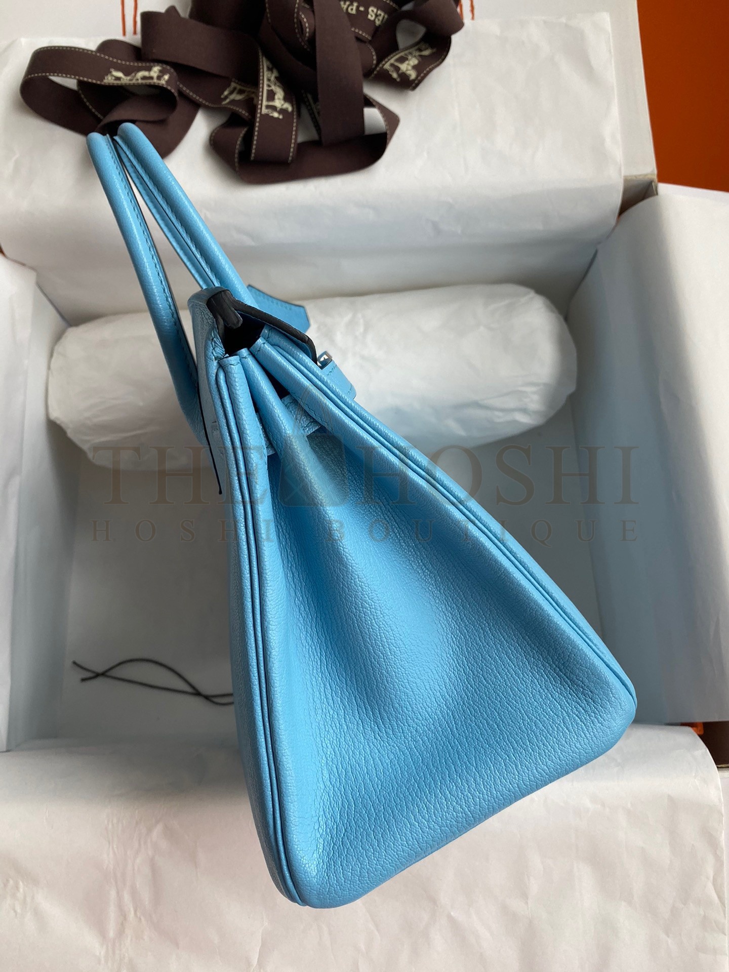 H**me5 Birkin 25 Retourne Handmade Bag In Blue Aztec Chevre Mysore Leather Master Quality