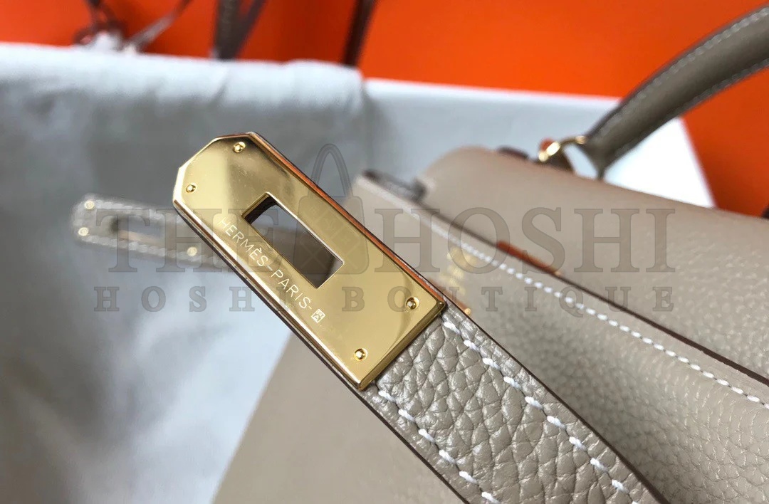 H**me5 Kelly 28cm Retourne Bag in Gris Tourterelle Clemence Leather GHW Master Quality