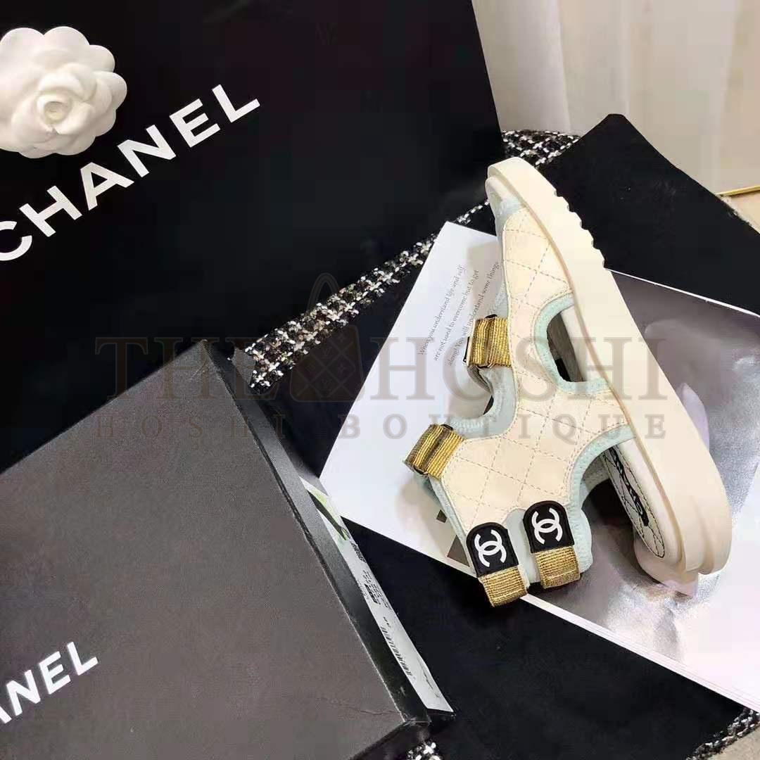 Ch**el Women Sandals Goatskin Fabric & TPU White Light Grey & Navy Blue Master Quality