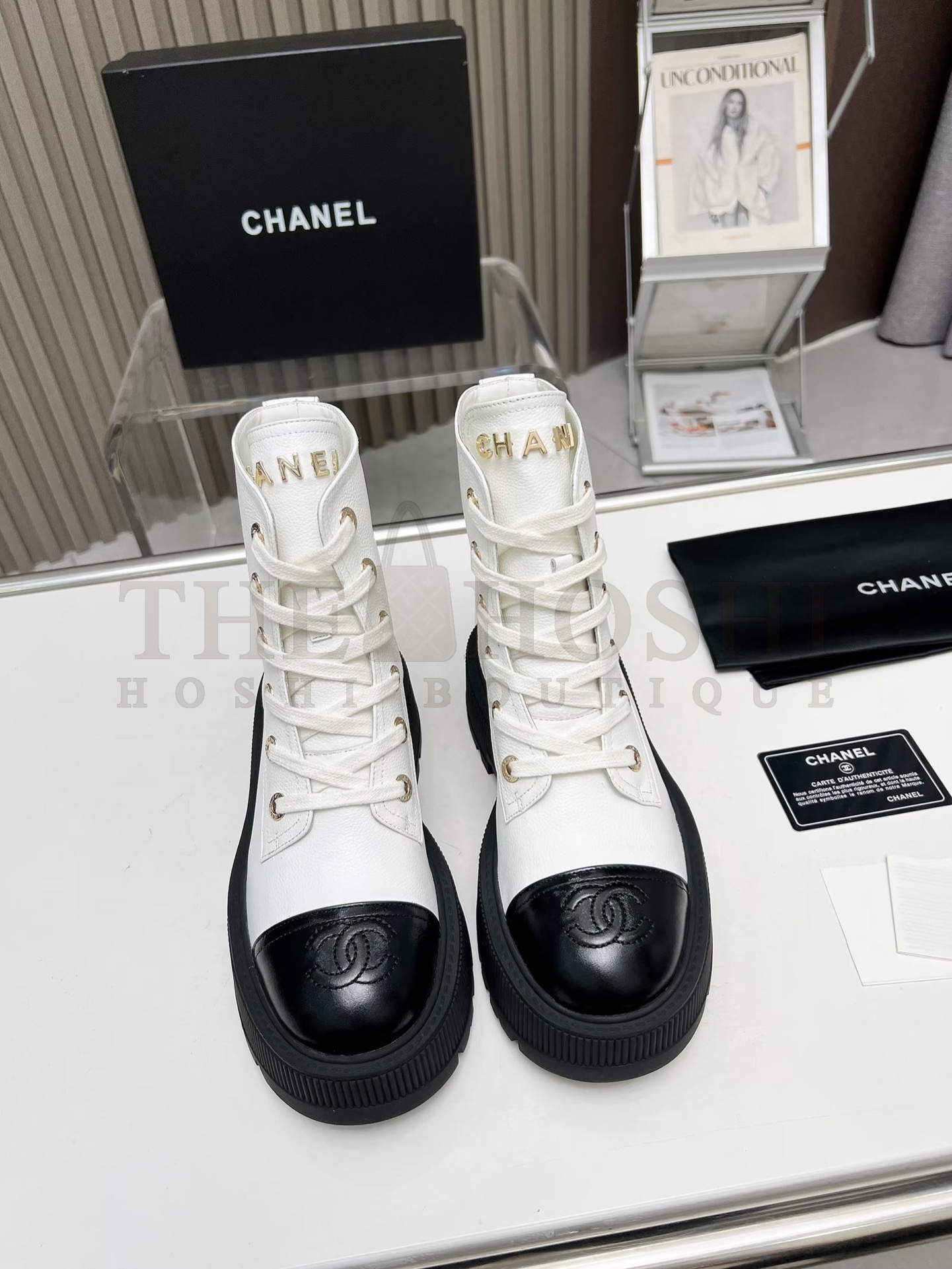 Ch**el  Shiny Lambskin Quilted Lace Up Combat Boots Master Quality