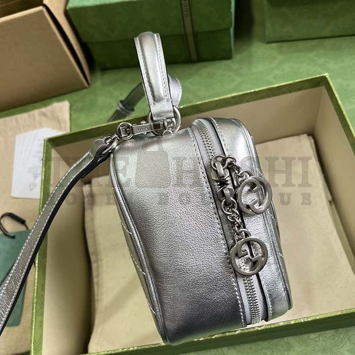 Gvc*1 Women GG Blondie Top Handle Bag Metallic Silver Leather Round Interlocking G Master Quality