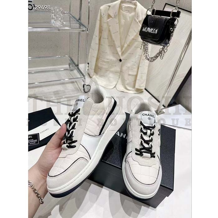 Ch**el Women CC Sneakers Fabric Suede Calfskin Calfskin White Light Gray Master Quality