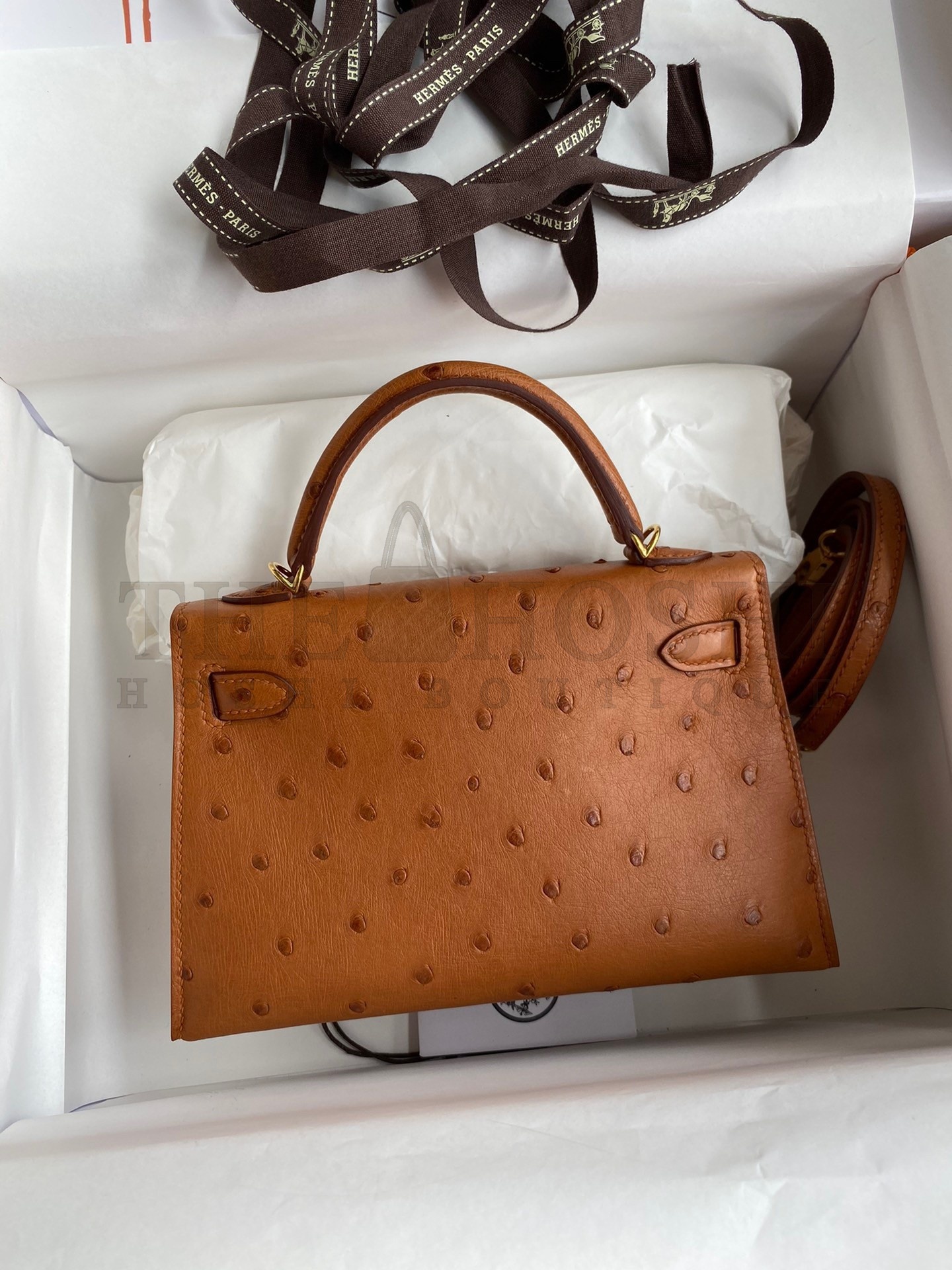 H**me5 Kelly Mini II Sellier Handmade Bag In Gold Ostrich Leather Master Quality