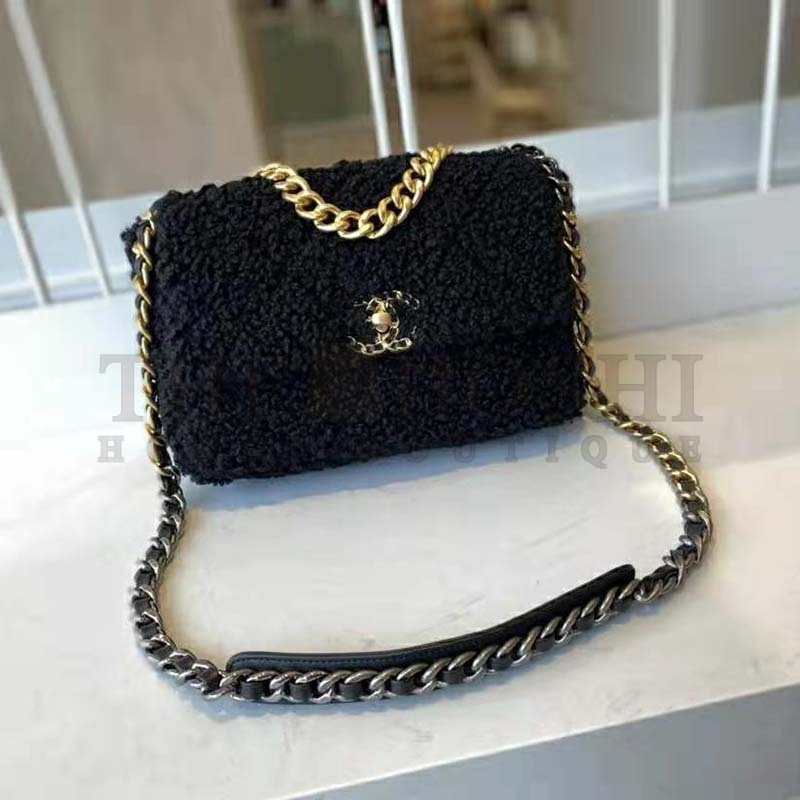 Ch**el Women Ch**el 19 Large Flap Bag Tweed Gold-Silver-Tone &amp; Ruthenium-Finish Metal Black Master Quality