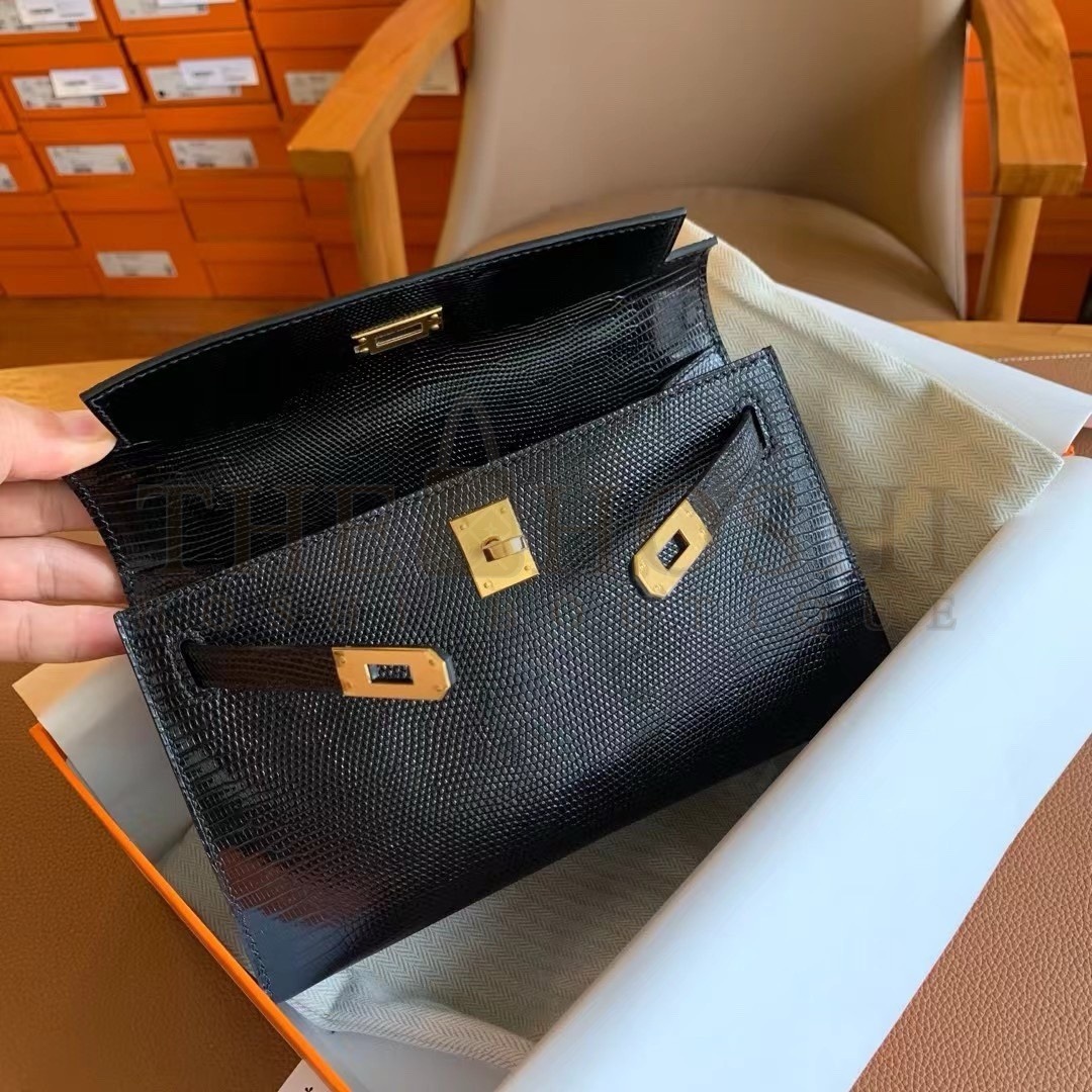 H**me5 Kelly Pochette Handmade Bag In Black Lizard Skin Master Quality