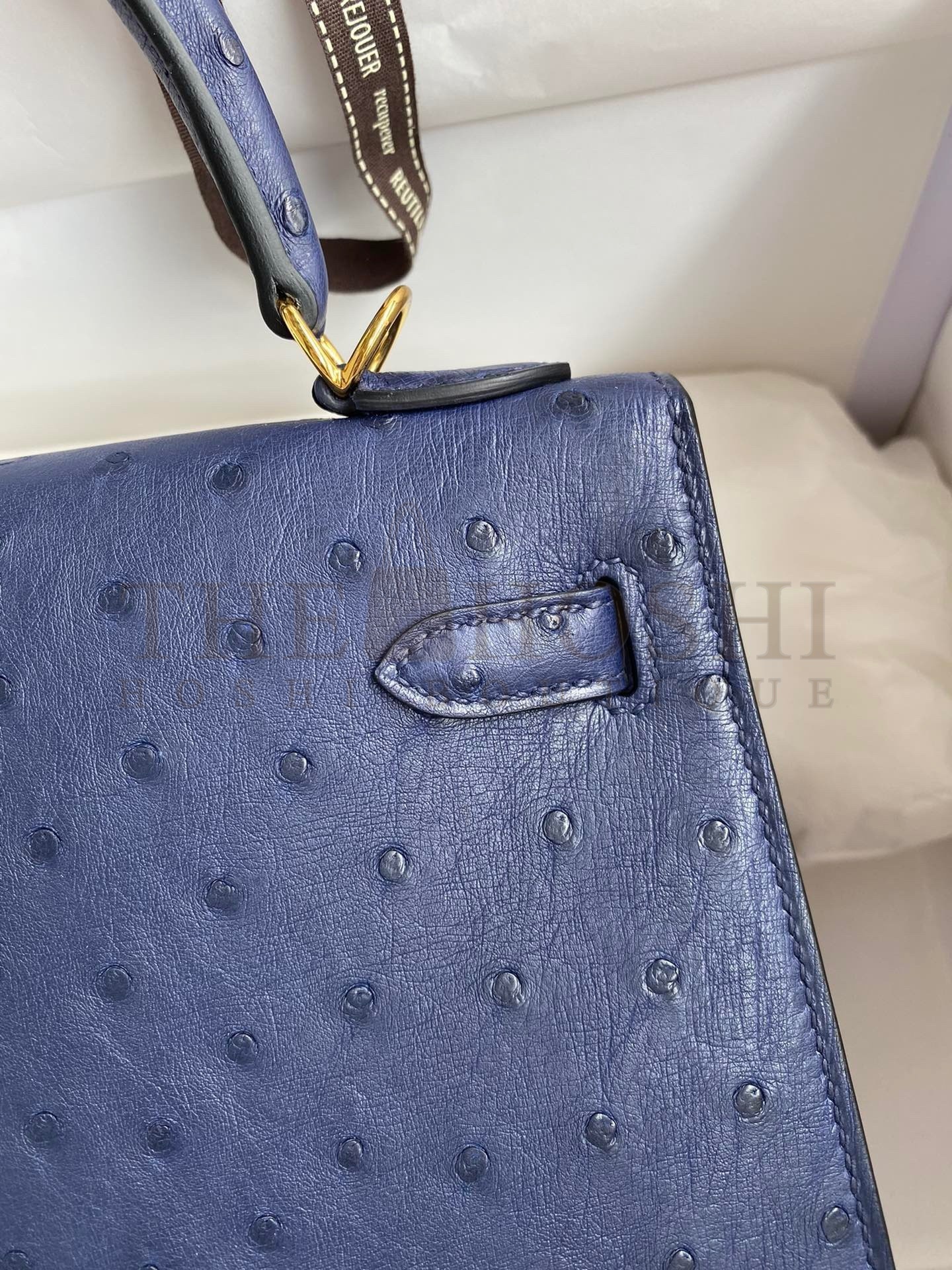 H**me5 Kelly Sellier 25 Handmade Bag In Blue Iris Ostrich Leather Master Quality