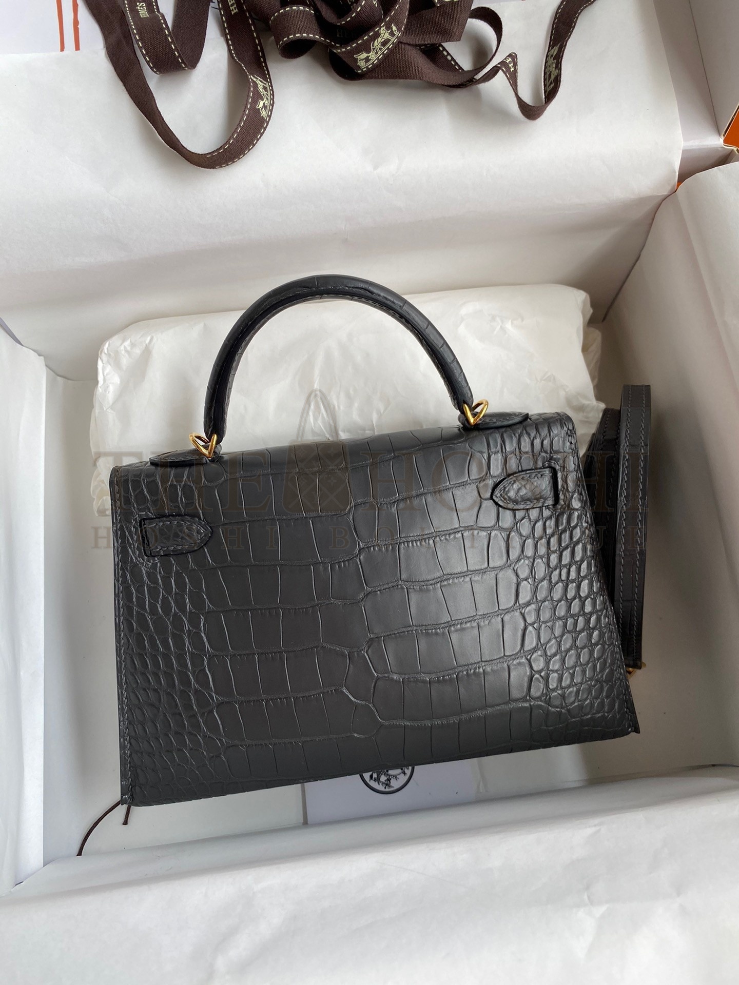 H**me5 Kelly Mini II Sellier Handmade Bag In Graphite Matte Alligator Leather Master Quality