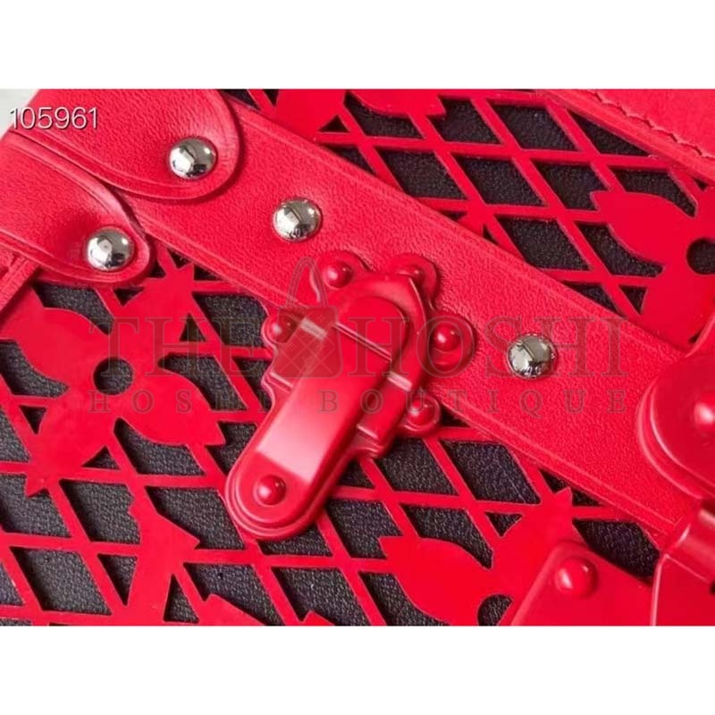L0vis Vvtt0n LV Women Petite Malle Handbag Red Patent Calfskin Cowhide Leather Master Quality