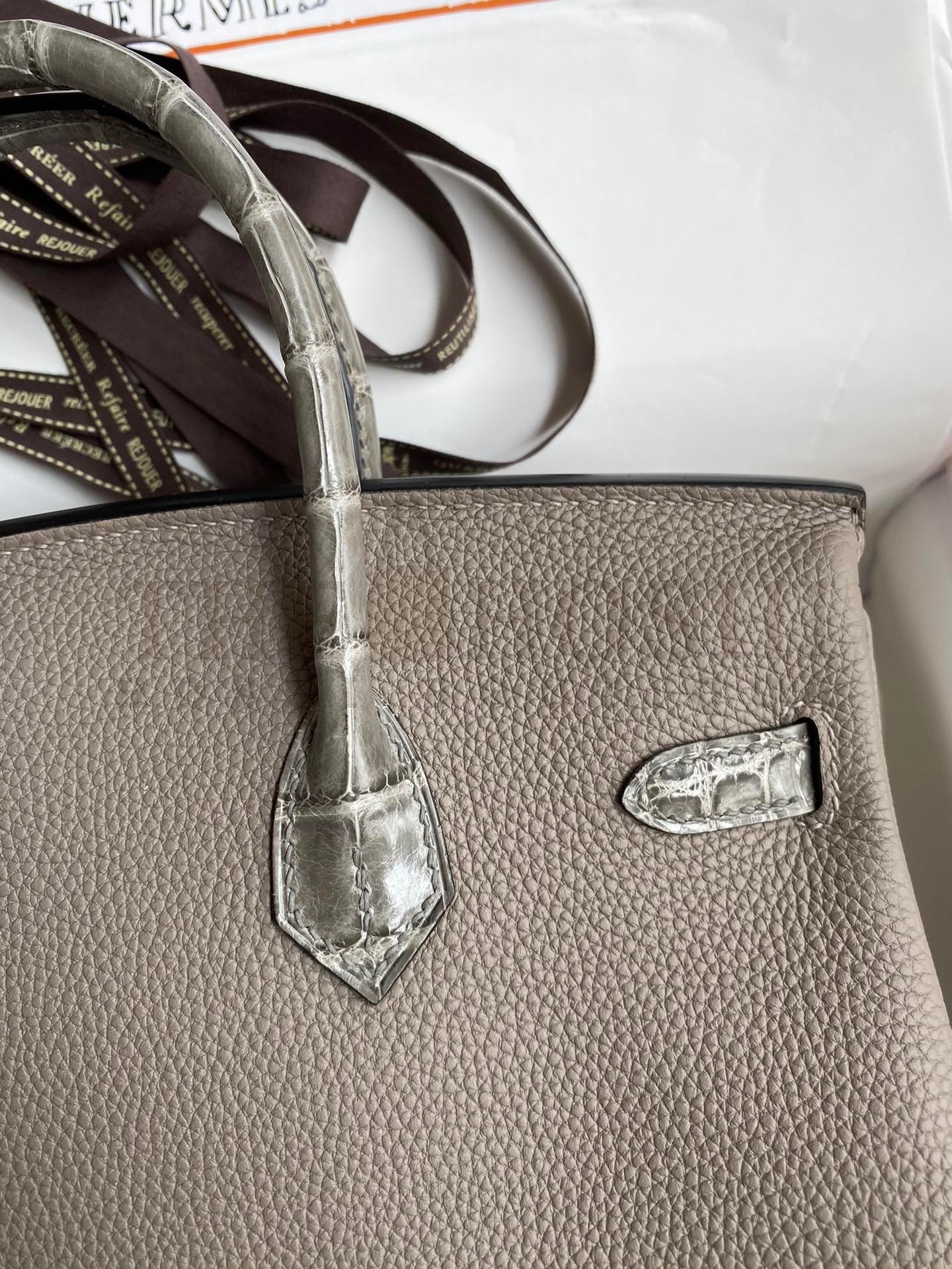 H**me5 Touch Birkin 25 Bag In Gris Asphalt Shiny Niloticus Crocodile Skin Master Quality
