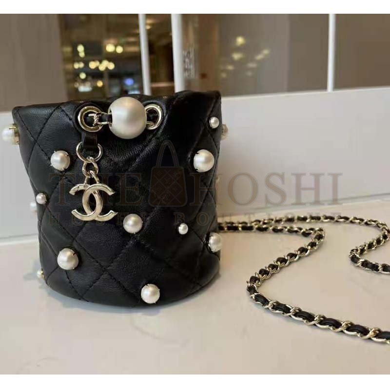 Ch**el Women Mini Drawstring Bag Lambskin Imitation Pearls & Gold-Tone Metal Black Master Quality