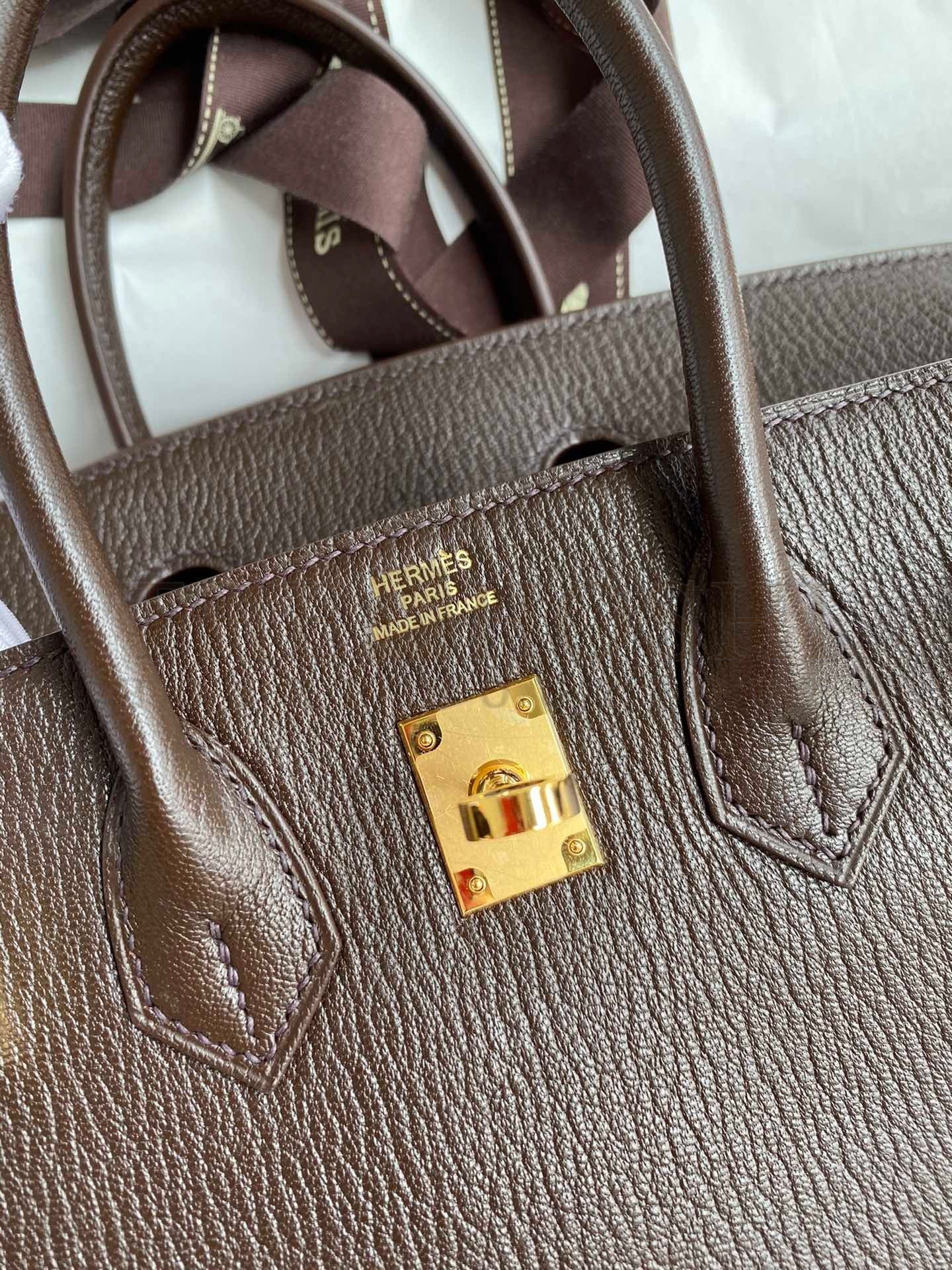 H**me5 Birkin 25 Retourne Handmade Bag In Chocolat Chevre Mysore Leather Master Quality