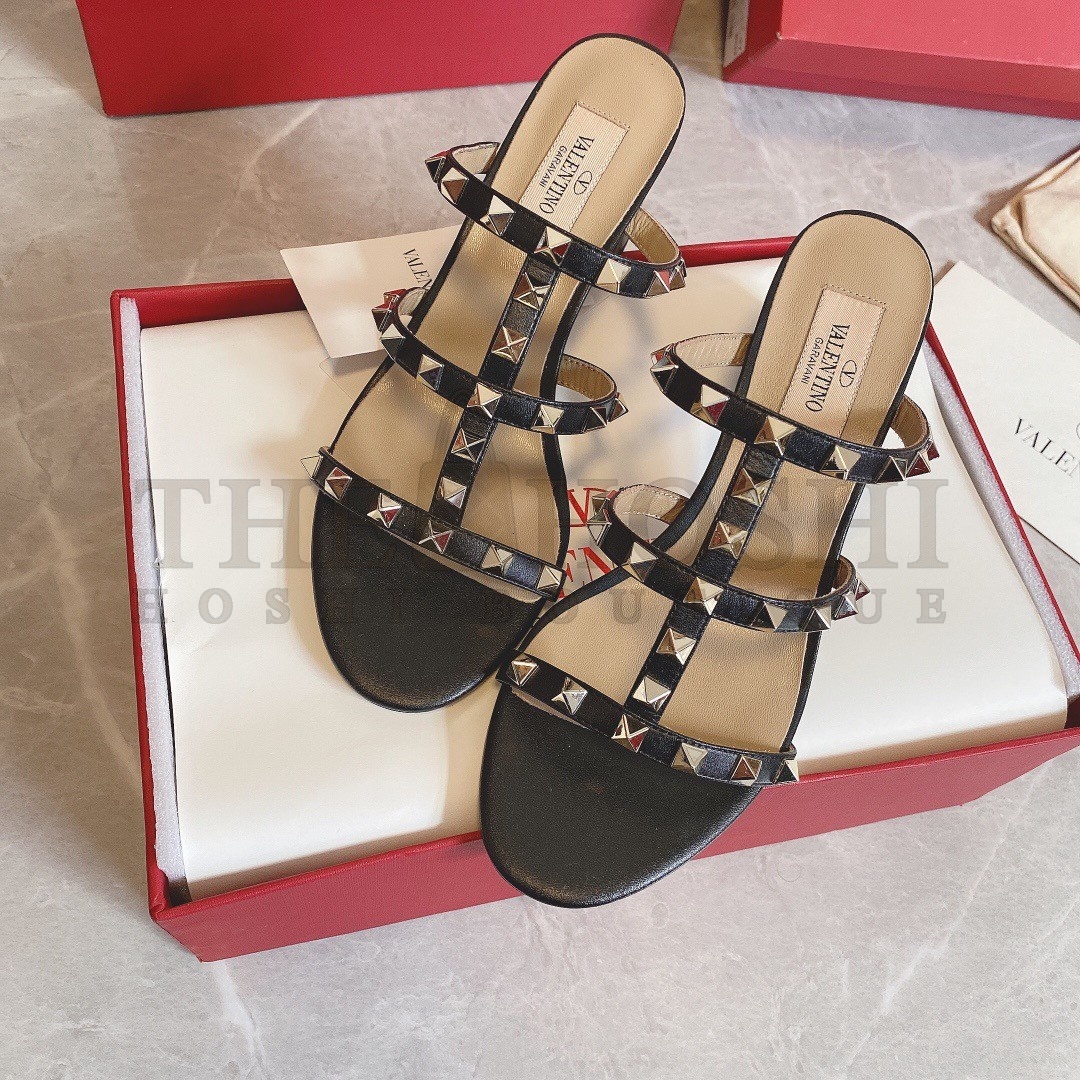 Va1e*ntin0 Rockstud Slide Sandals 60mm In Black Calfskin Master Quality