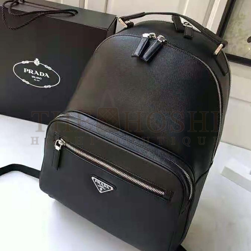 Pra*a Unisex Saffiano Leather Backpack Metal Hardware-Black Master Quality