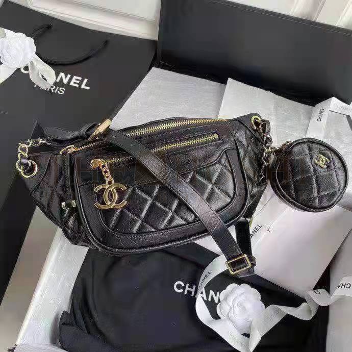 Ch**el CC Bumbag Waist Pack Pocket Aged Calfskin Leather-Black top 1:1 qualtiy Master Quality