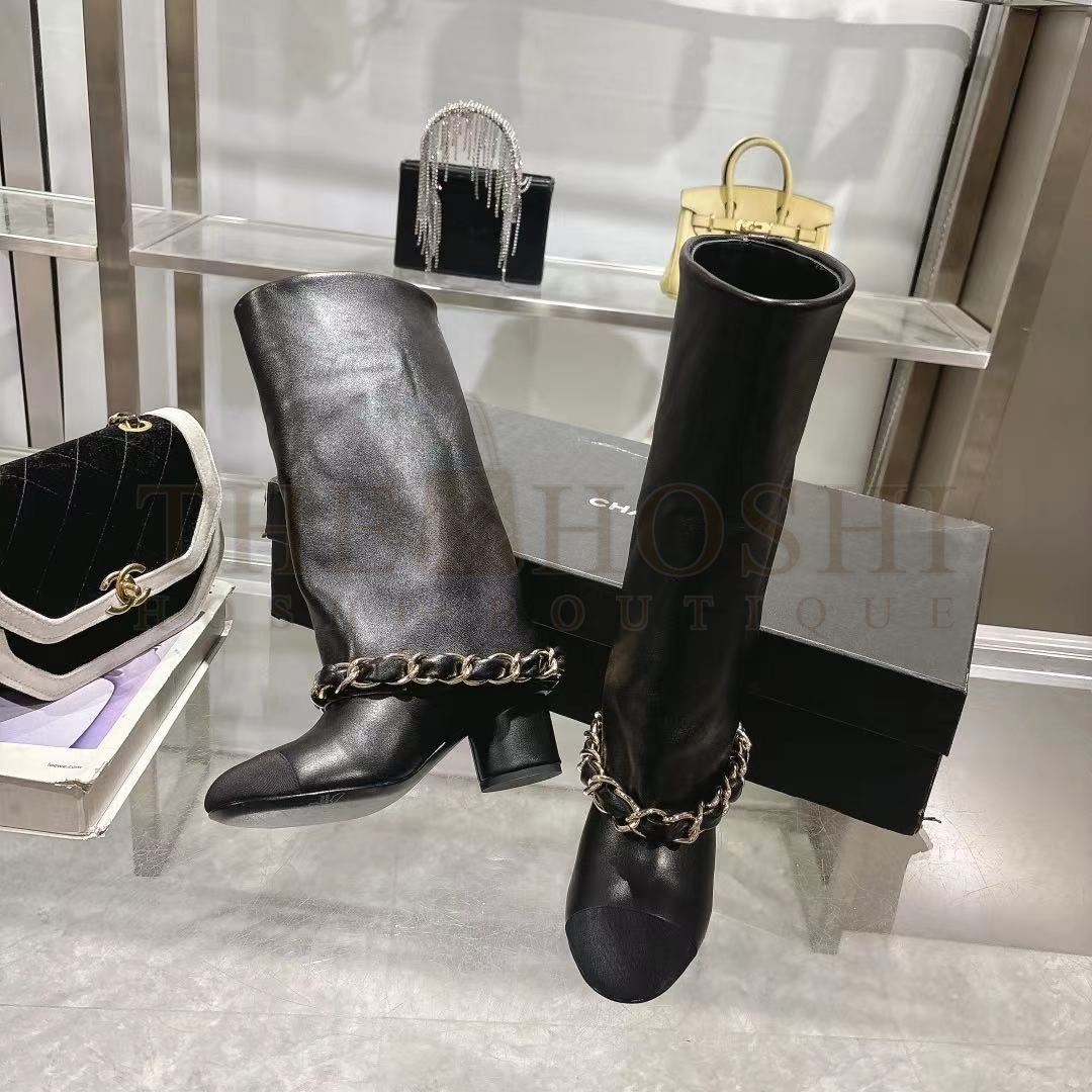 Ch**el 25B Lambskin Chain Knee Boots 5.5cm Italy Leather Sole Size 35–42 Master Quality