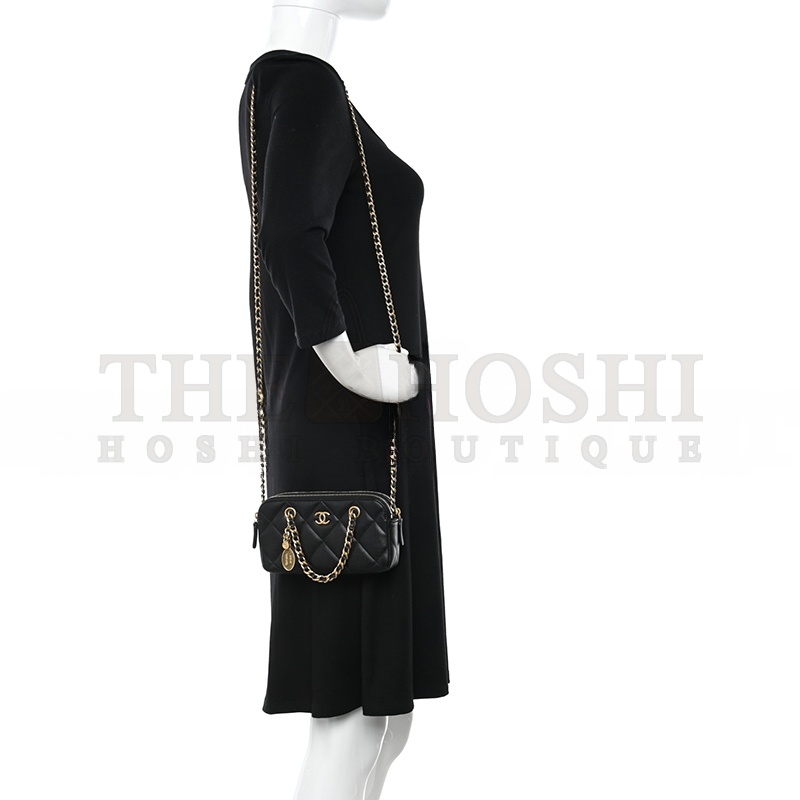 Ch**el CAVIAR QUILTED TOP HANDLE PHONE HOLDER WITH CHAIN BLACK AP3495 (18*11*4cm) Master Quality