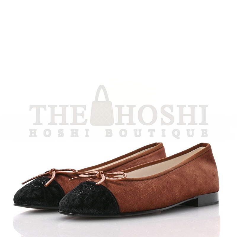 Ch**el VELVET CAP TOE CC BALLERINA FLATS 38 BROWN BLACK 1672122 Master Quality